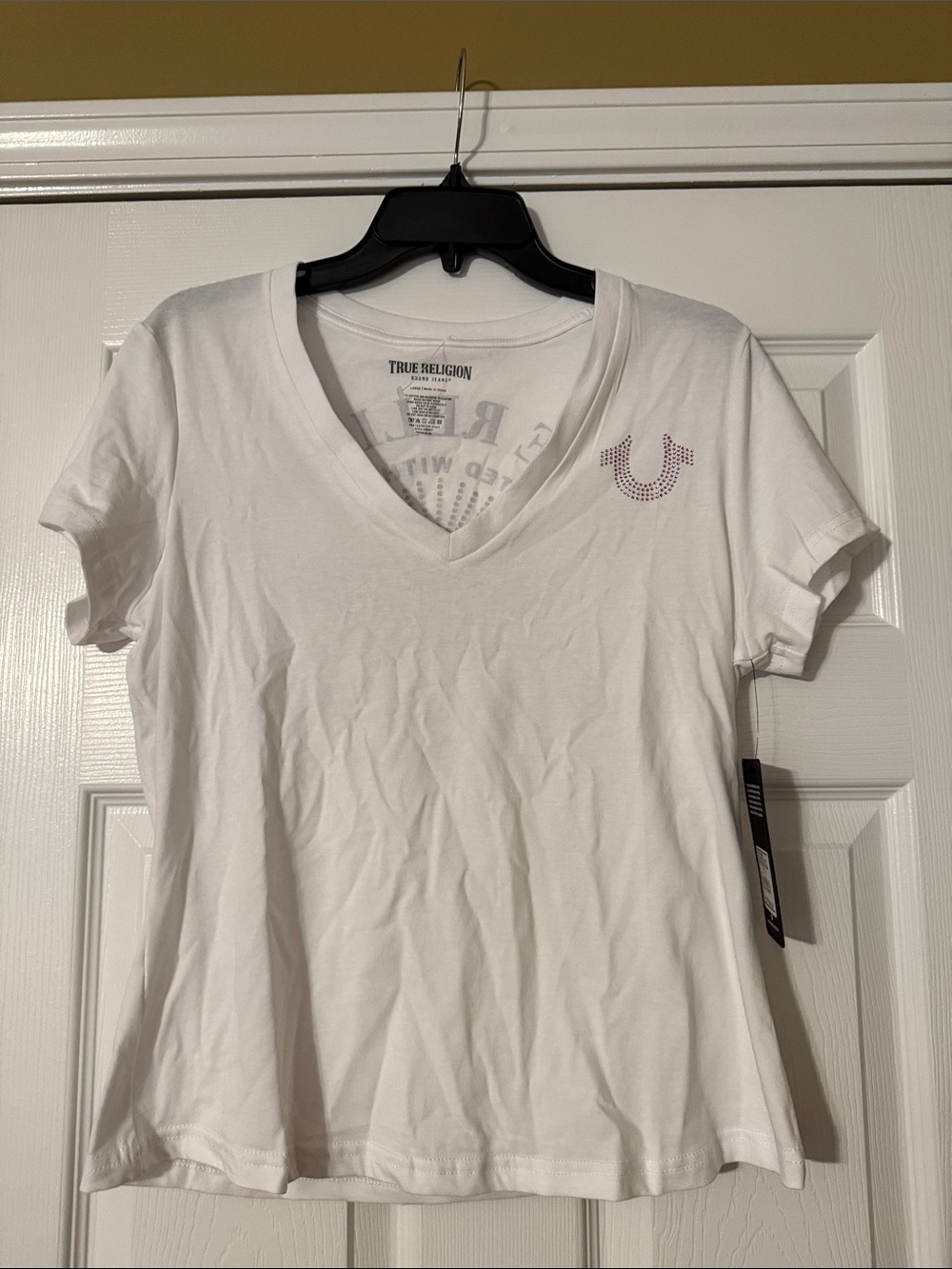 True Religion White V-Neck Tee with Pink Stud Logo L